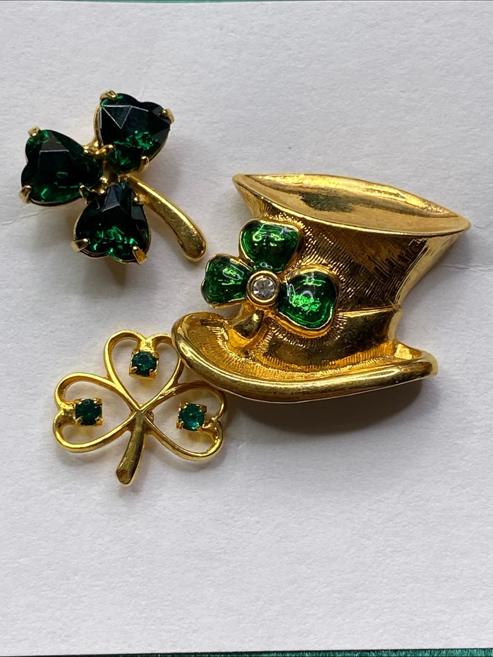 Gold Tone Shamrock & Top Hat Pin Set with Green Rhinestones